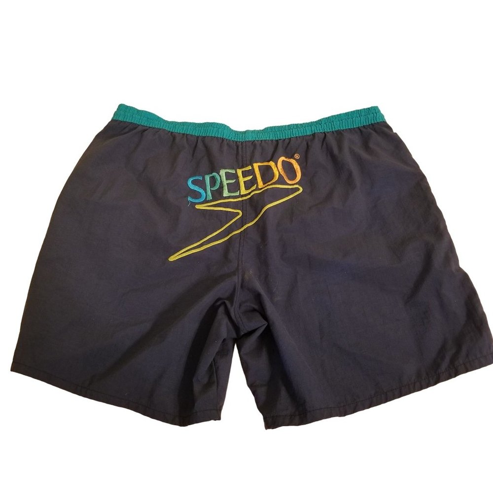 Speedo Swim Trunks Blue Colorblock Dawstring Waist Adjustable Vintage Beach Pool